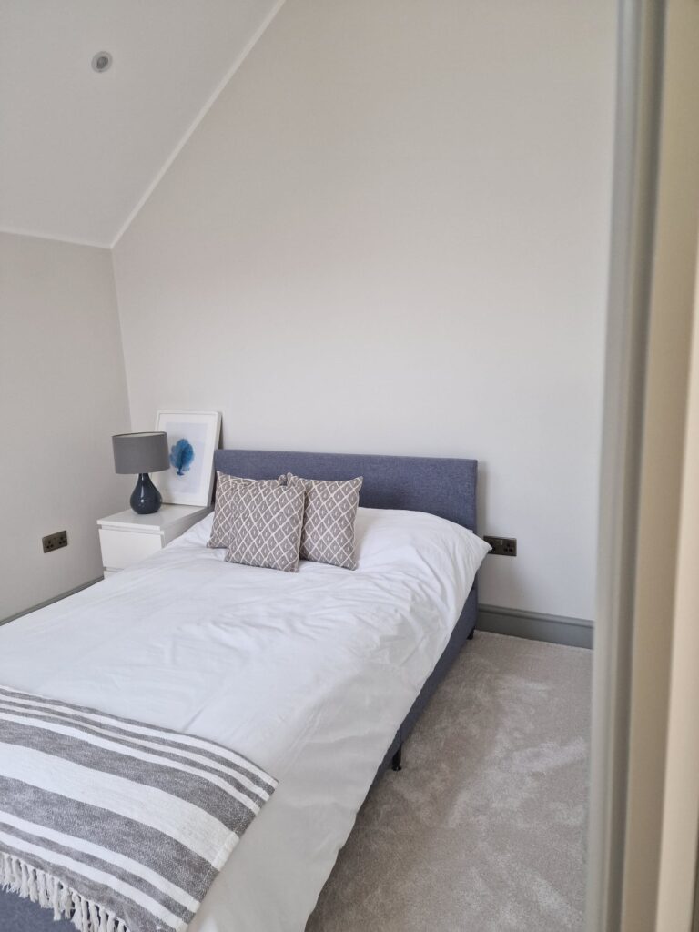 Living Room & Bedroom Renovation | London & Home Counties 15 A bedroom featuring a grey upholstered bed with decorative cushions and a bedside table with a lamp. - London