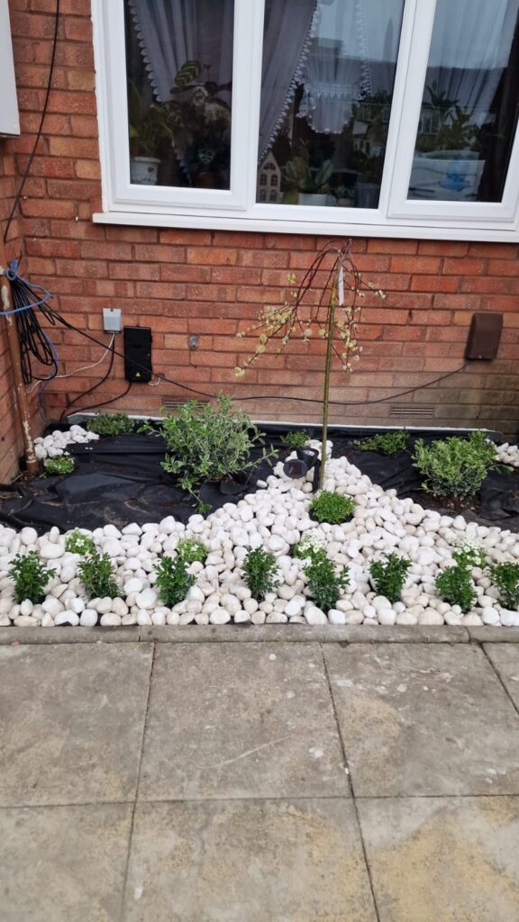 Garden Buildings & Outdoor Spaces | London & Home Counties 21 A garden area featuring white pebbles, small plants, and a tree in a residential setting. - London