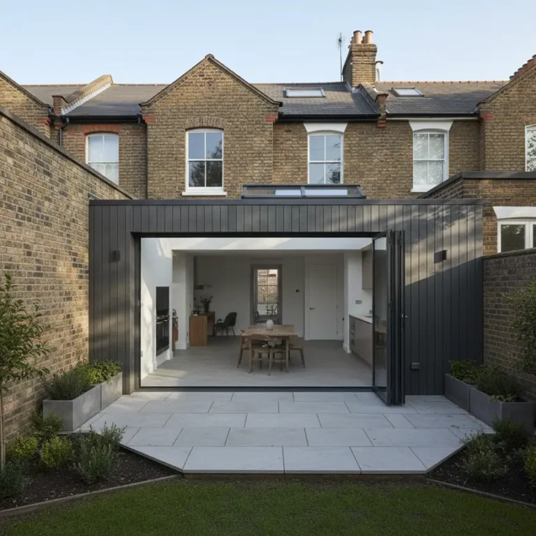 Modern London house rear extension with bi-fold glass doors opening to garden patio