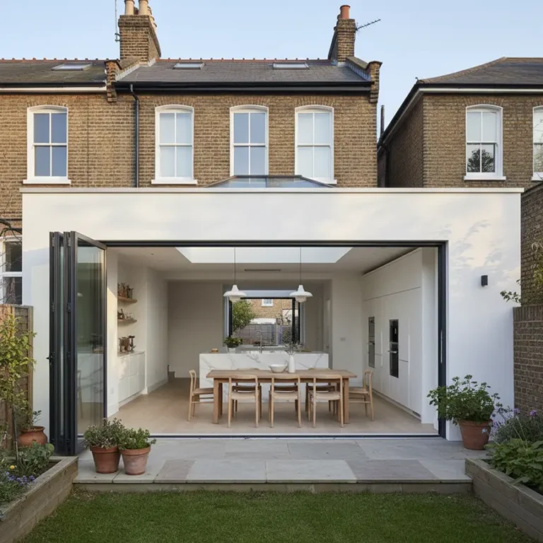Modern glass extension on Victorian terraced house in London with bi-fold doors and skylights