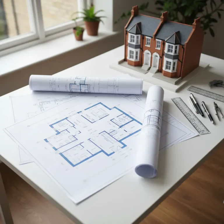 Architectural blueprints and plans for London house extension with model on desk