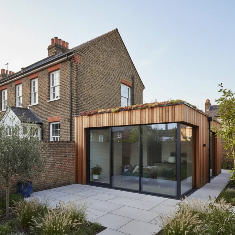 Modern sustainable house extension with triple-glazed windows and green roof on London terraced home