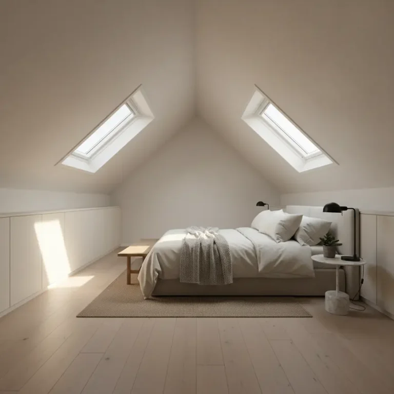 Bright modern loft conversion bedroom with Velux skylights and wooden flooring showing spacious conversion result